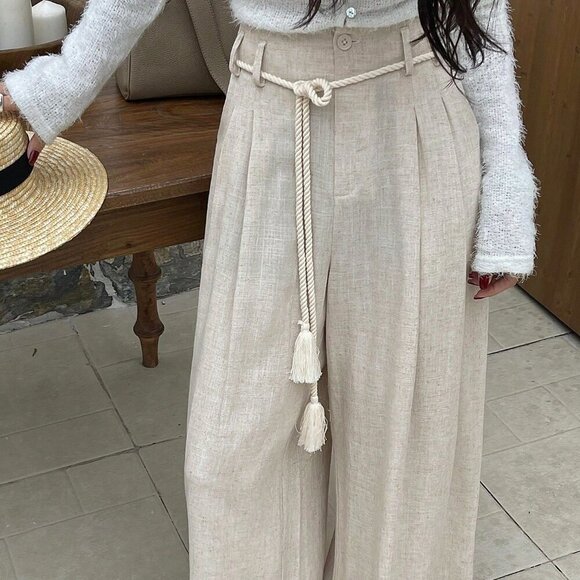 Beige Casual Women's Loose Fit Folded Pleat Wide Leg Pants - Picture 3 of 7